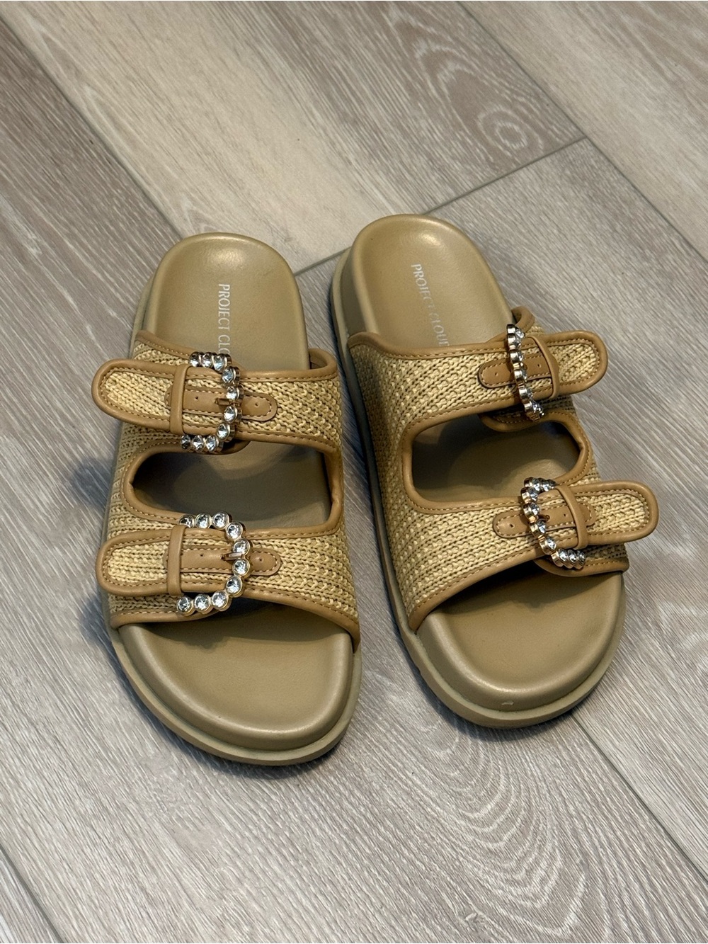 Project Cloud Gemstone Tan Slide Sandals with Rhinestone Buckles